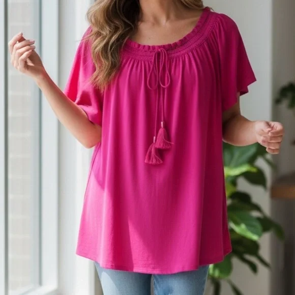 Rafaella short sleeve scoop neck jersey blouse Pink Peacock - Picture 1 of 5